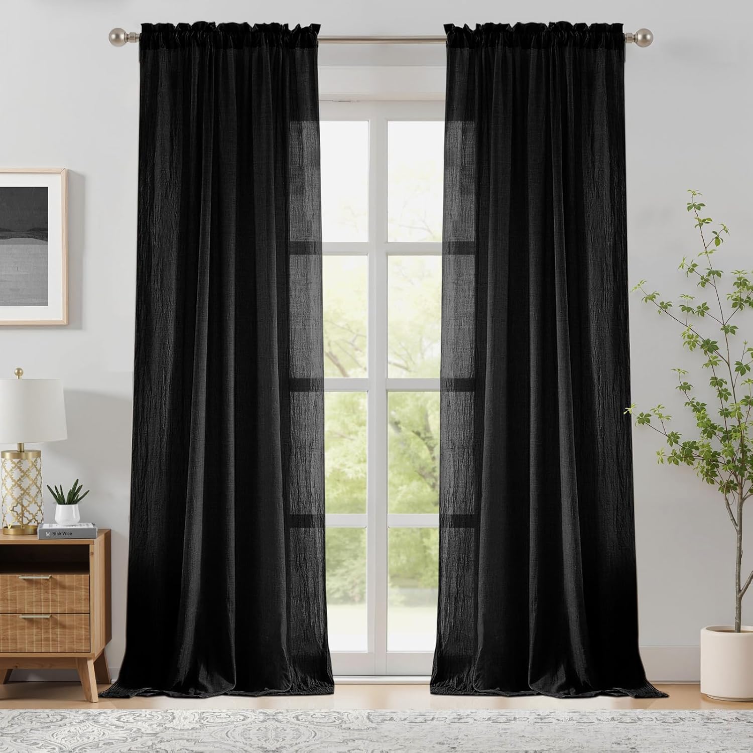Home Decor Window Blinds - Black Sheer Curtains for Bedroom Living