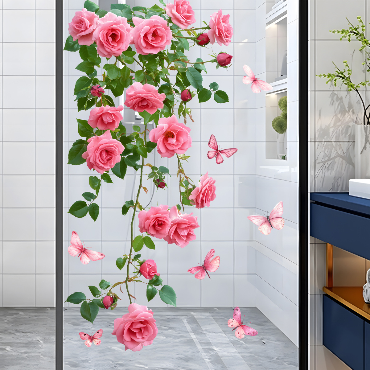 Home Decor Window Blinds - 1PC Flower Vine Window Decal Pink